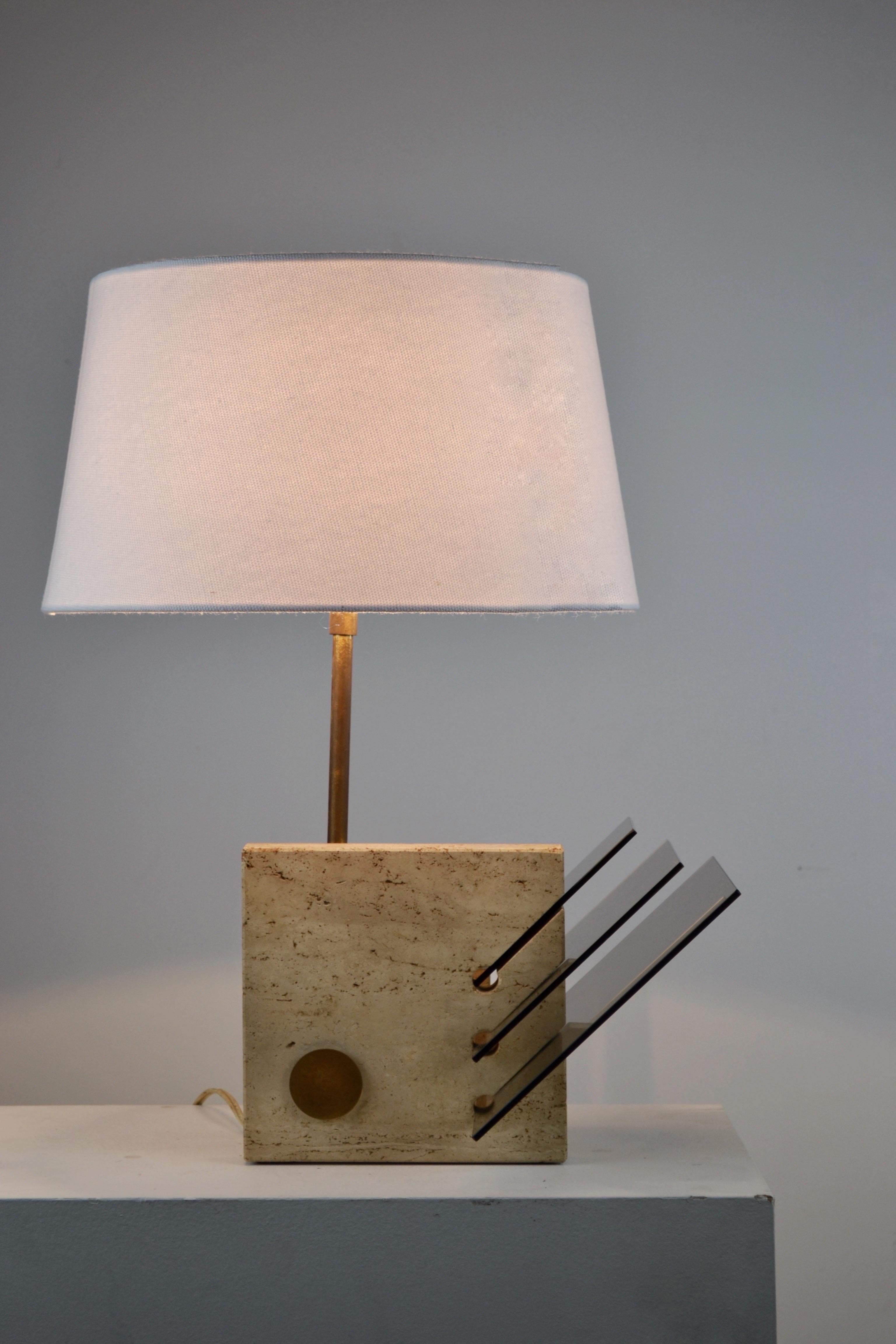 Vintage 70s Italian Lamp in Travertine, Brass & Smoked Glass 1