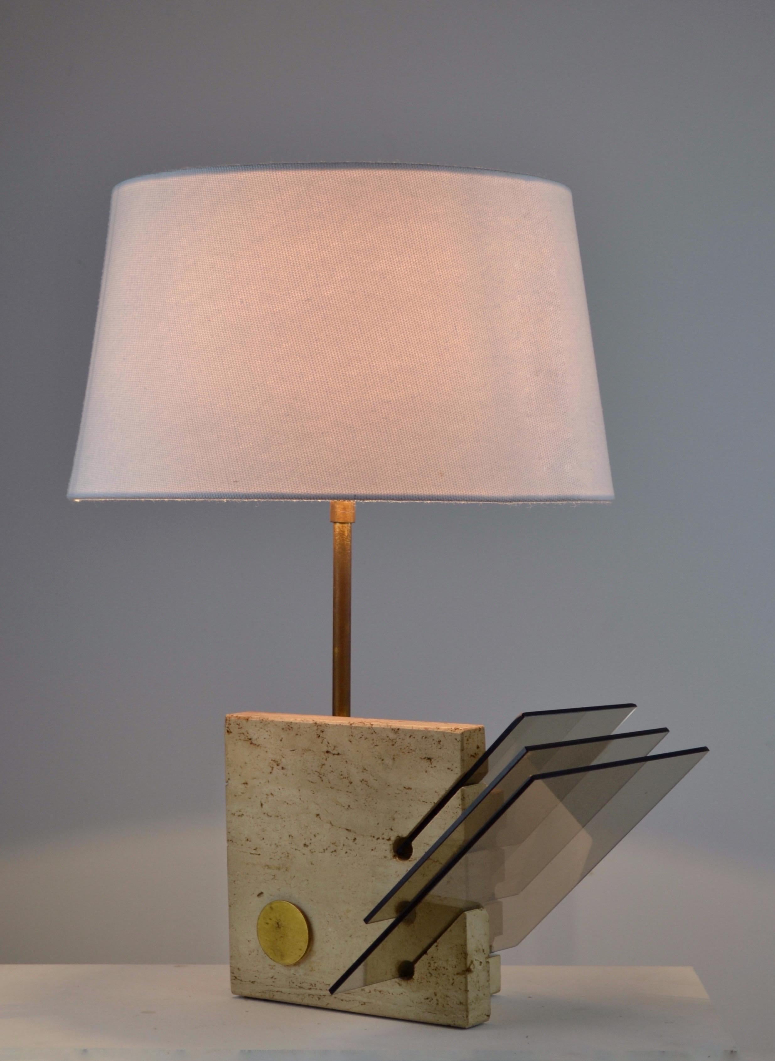 Vintage 70s Italian Lamp in Travertine, Brass & Smoked Glass 2