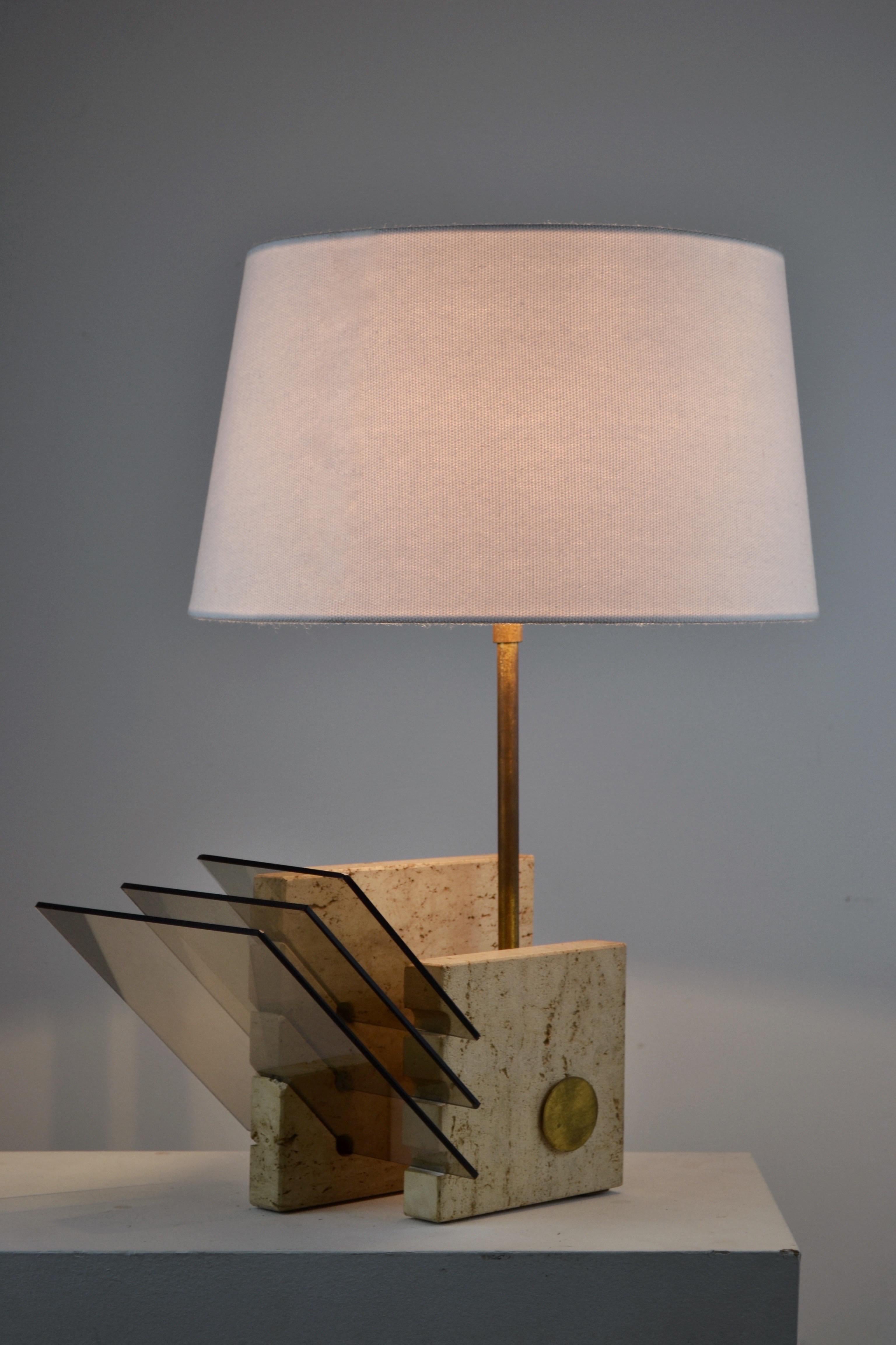 Vintage 70s Italian Lamp in Travertine, Brass & Smoked Glass 3