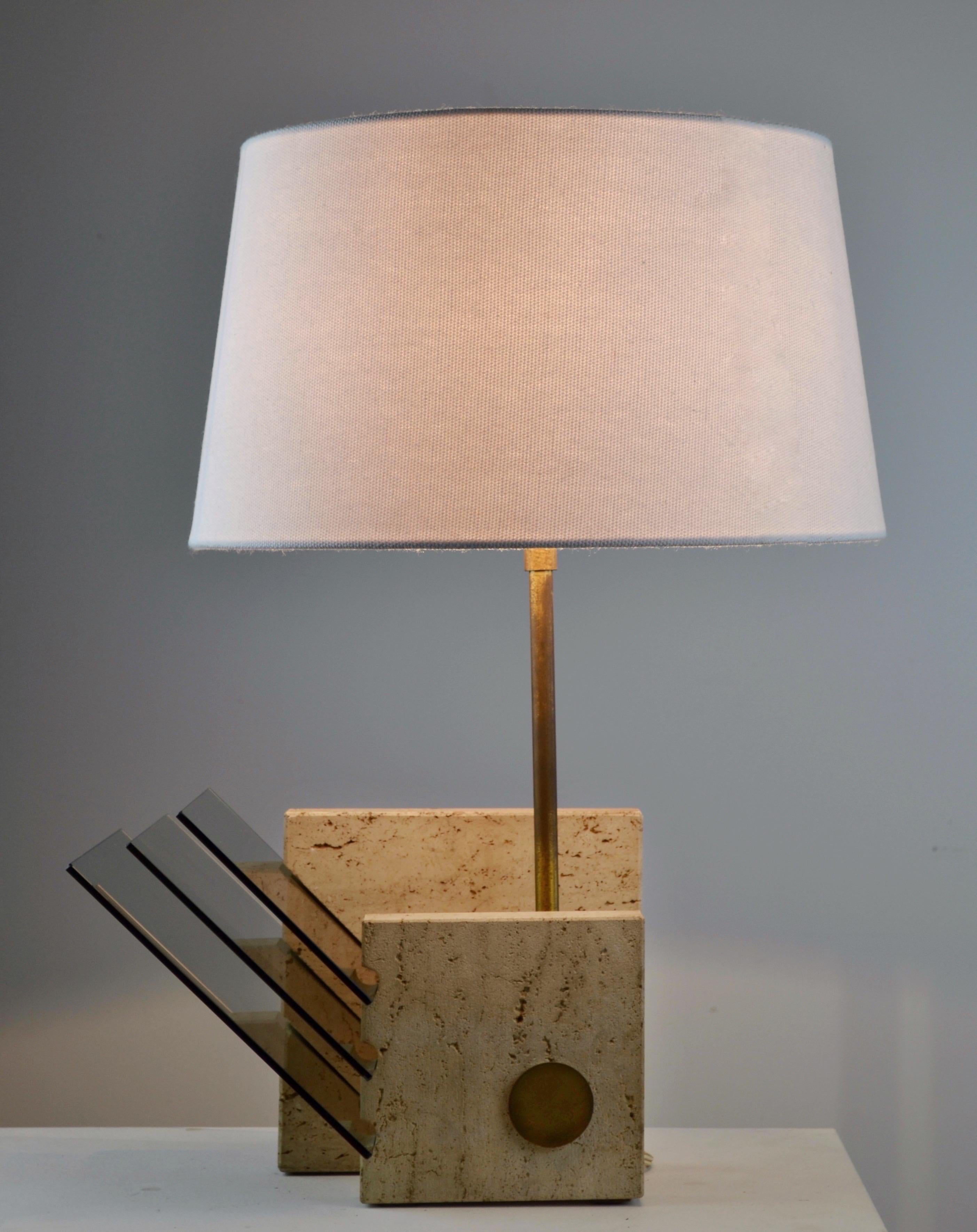 Vintage 70s Italian Lamp in Travertine, Brass & Smoked Glass 4