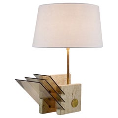 Vintage 70s Italian Lamp in Travertine, Brass & Smoked Glass