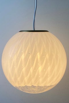 Vintage 70s Italian Murano Pendant Ceiling Lamp Mouth Blown White Bubble Glass
