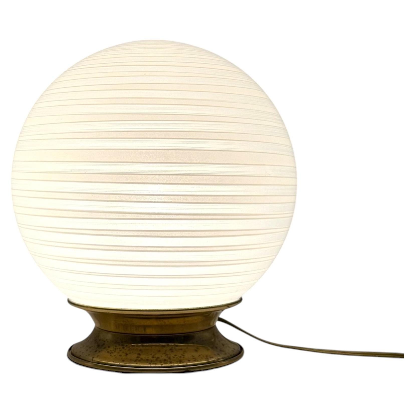 Vintage 70s Italian Table Lamp with Swirled Glass Globe and Brass Base