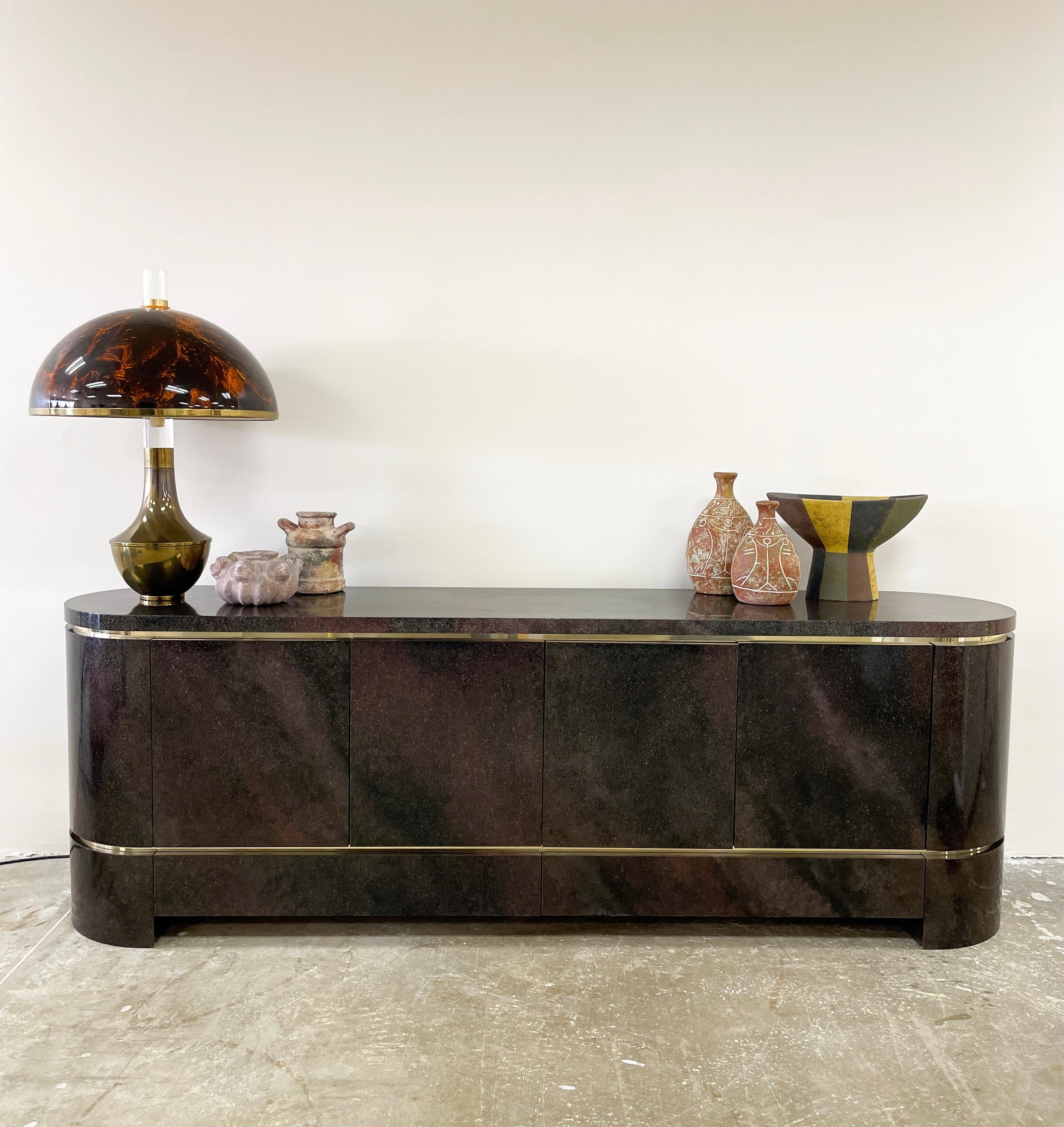 Vintage 70's Lacquered & Brass Sideboard/Credenza by Aldo Tura for Leonardo.

Very rare! Stunning lacquered chocolate brown & black with a hint of gold speckle.
It was custom-made for an estate. There are 1 upper drawer and 2 bottom drawers with a