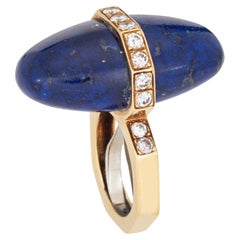 Vintage 70s Lapis Diamond Ring Abstract 18k Yellow Gold Sz 5 Estate Jewelry