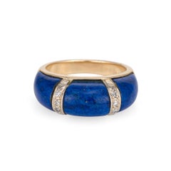 Vintage 70s Lapis Lazuli Dome Band Diamond 14k Yellow Gold Sz 6.5 Stacking Ring
