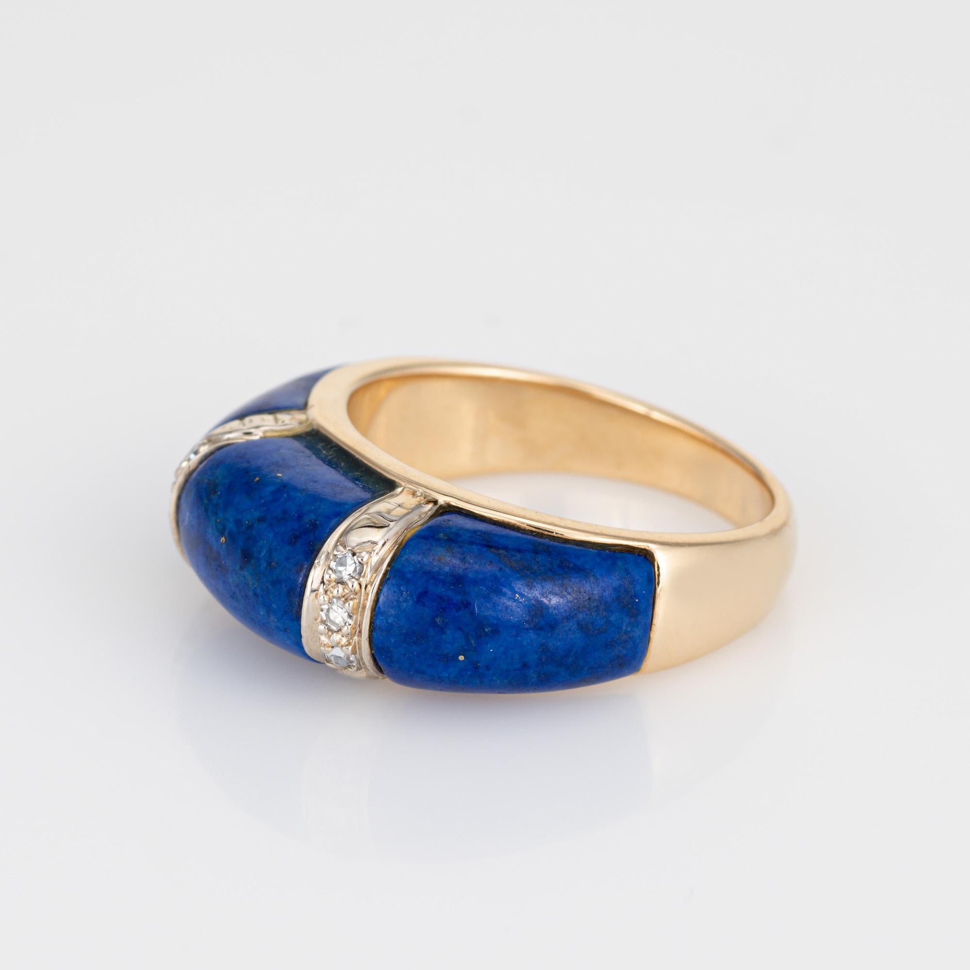 Round Cut Vintage 70s Lapis Lazuli Dome Band Diamond 14k Yellow Gold Sz 6.5 Stacking Ring