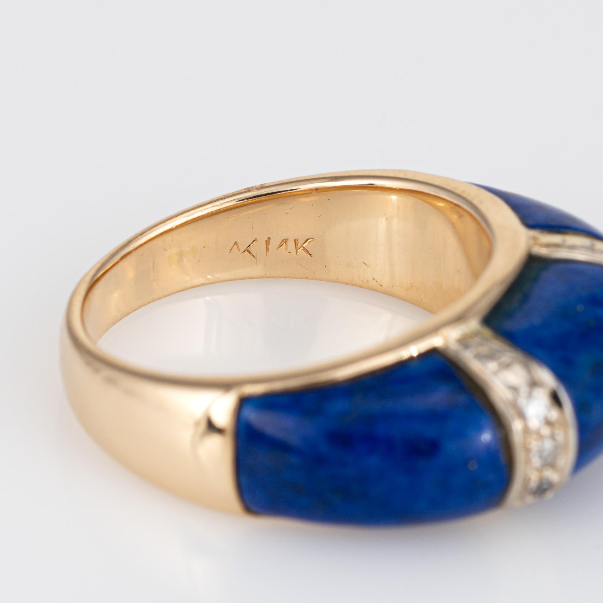 Vintage 70s Lapis Lazuli Dome Band Diamond 14k Yellow Gold Sz 6.5 Stacking Ring 1