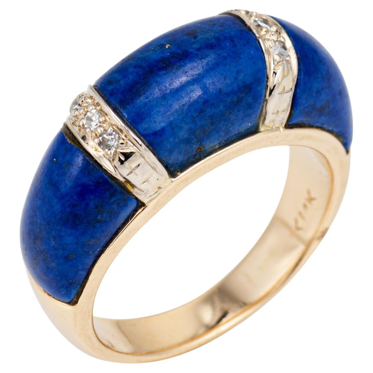 Vintage 70s Lapis Lazuli Dome Band Diamond 14k Yellow Gold Sz 6.5 Stacking Ring