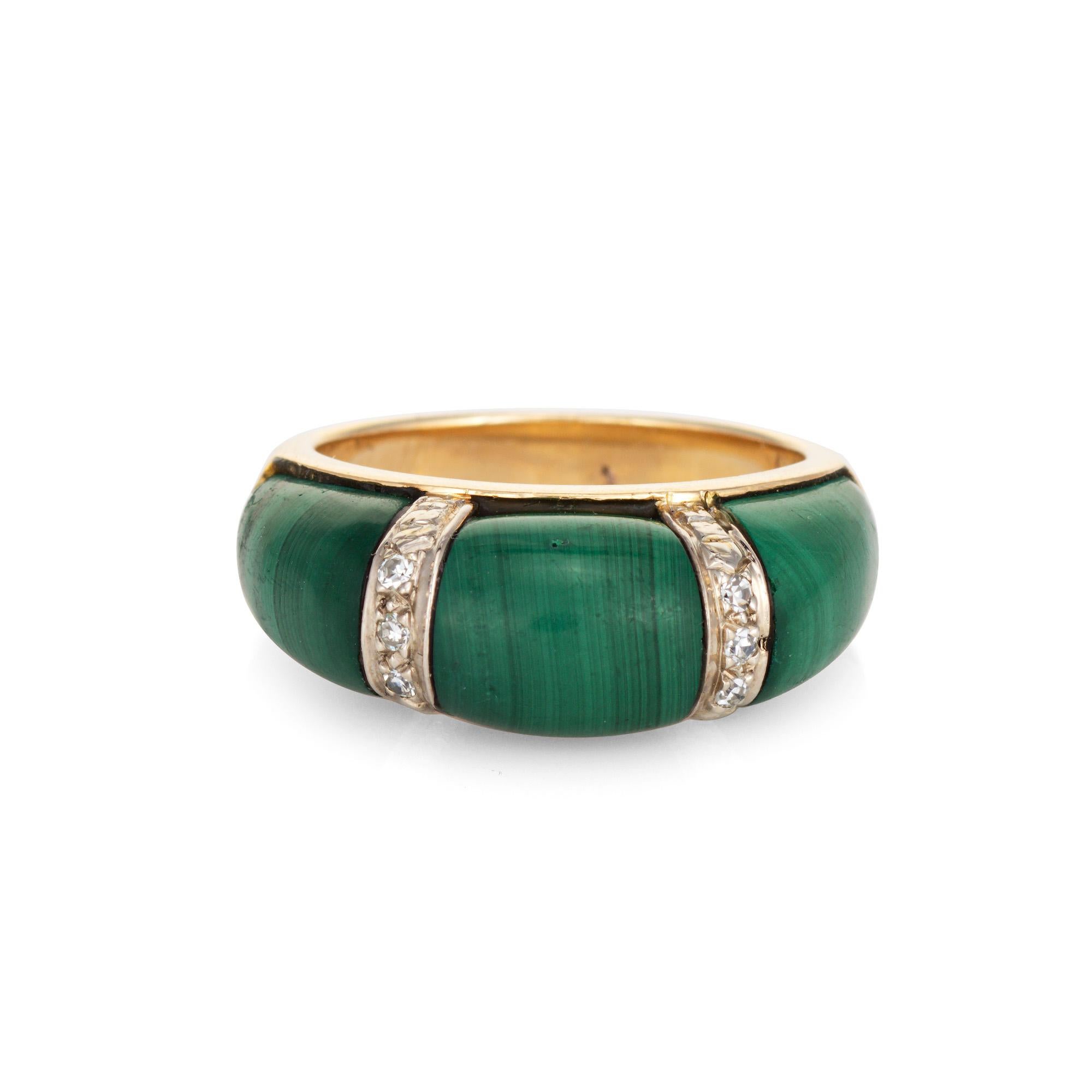 Stylish malachite & diamond dome ring crafted in 14 karat yellow gold (circa 1970s). 

Diamonds total an estimated 0.03 carats (estimated at H-I color and SI1-I1 clarity). Malachite measures 7.5mm wide (in very good condition and free of cracks or