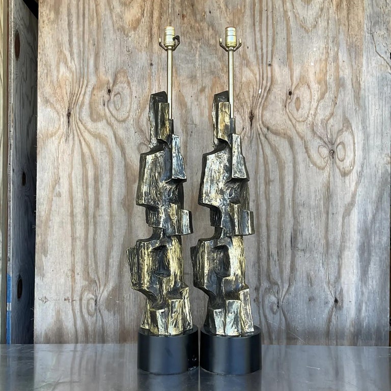 Spectacular pair of vintage 70s table lamps. Maurizio Tempestini for Laurel Brutalist design in bronze. Acquired from a Palm Beach estate.