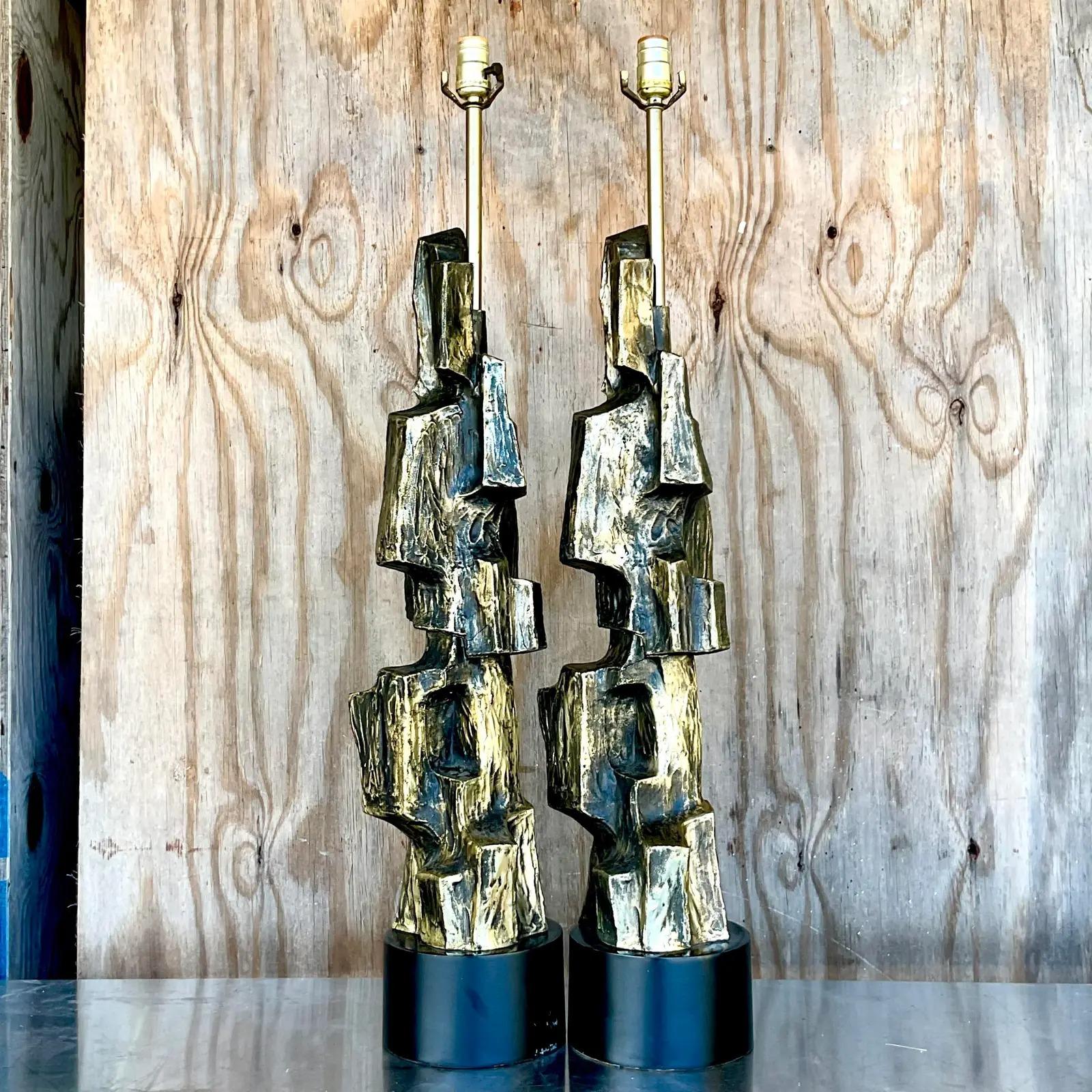 Vintage 70s Maurizio Tempestini for Laurel Bronze Table Lamps - a Pair In Good Condition In west palm beach, FL