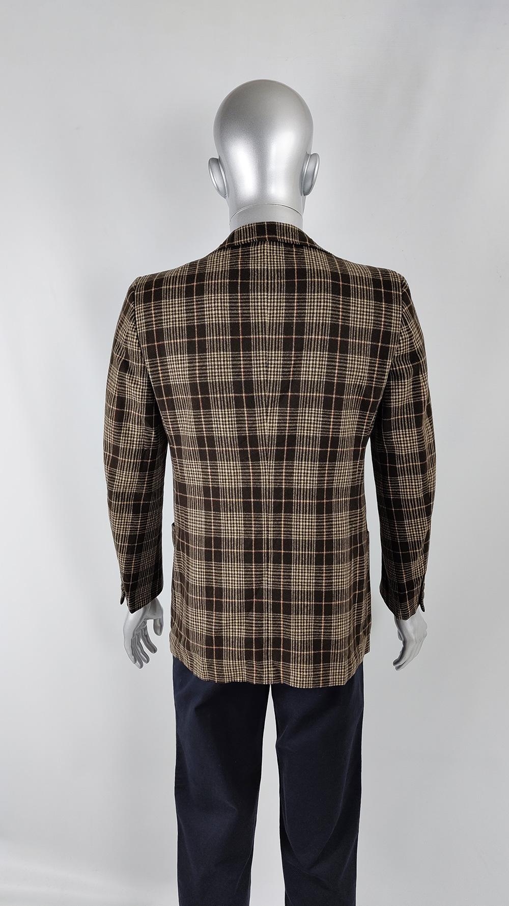 Vintage 70s Mens Italian Pure Virgin Wool Checked Blazer Jacket, 1970s For Sale 2