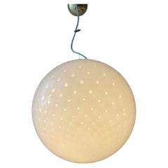 Vintage 70s Murano Pendant Ceiling Lamp White bubble Glass Italian brass