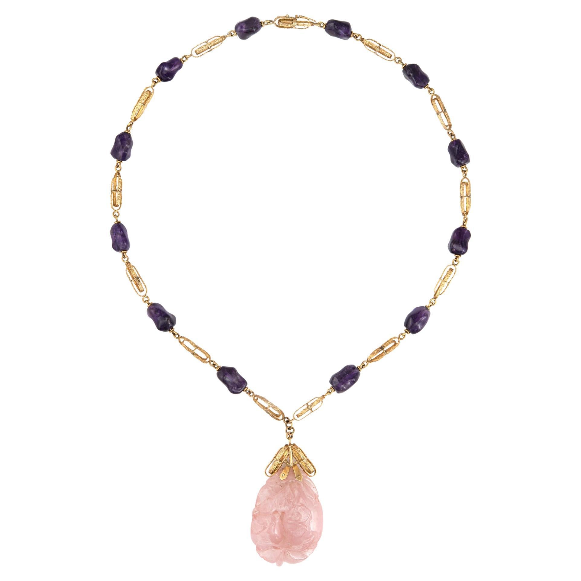 Vintage 70s Necklace Amethyst Rose Quartz 14k Gold Long Strand Nugget Links For Sale