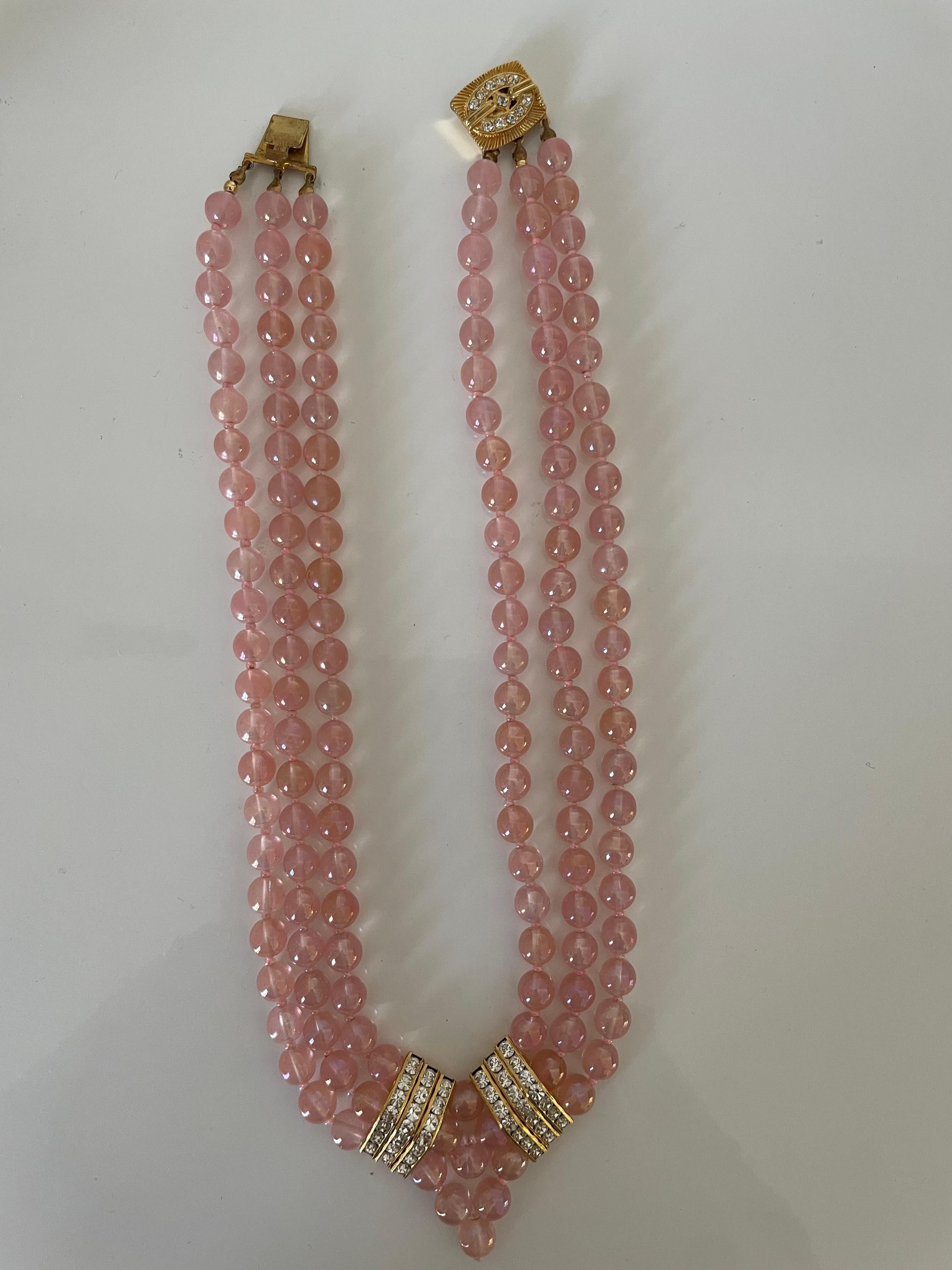 Art Deco Vintage 70s Necklace Choker Pink glass Pearls Gold details and Rhinestones