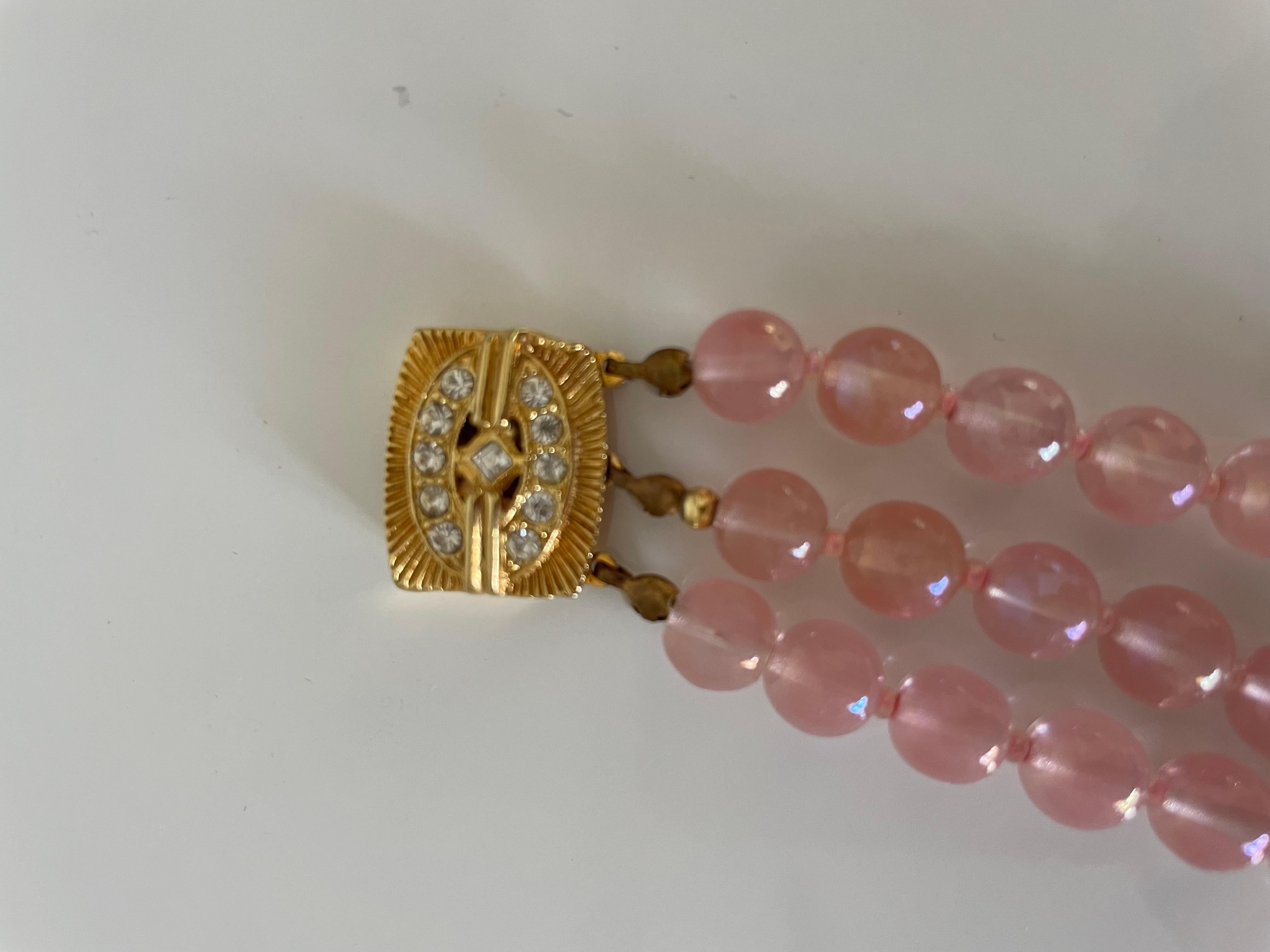 Women's Vintage 70s Necklace Choker Pink glass Pearls Gold details and Rhinestones