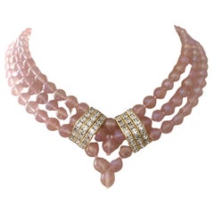Vintage 70s Necklace Choker Pink glass Pearls Gold details and Rhinestones