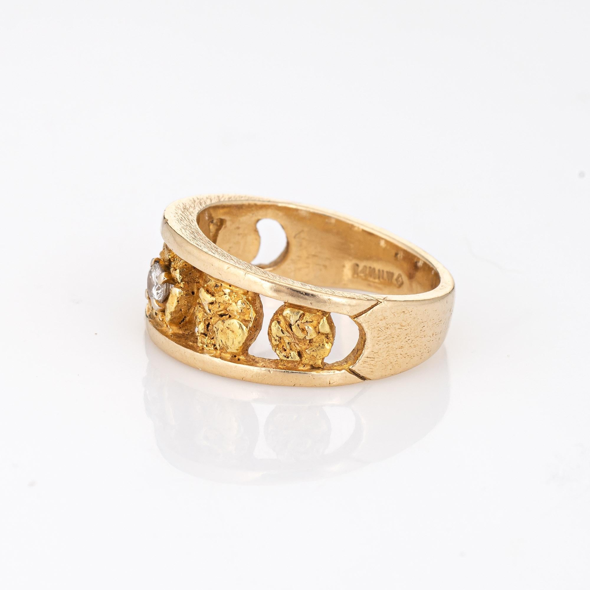 Taille ronde Bague à pépite vintage en or 24 carats et diamants taille 7, 14 carats, bijouterie d'art, années 70 en vente