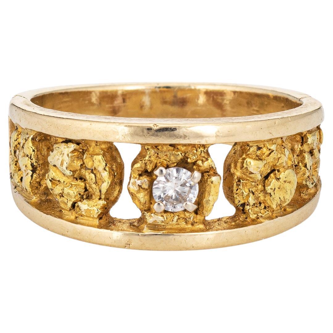 Bague à pépite vintage en or 24 carats et diamants taille 7, 14 carats, bijouterie d'art, années 70 en vente