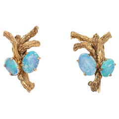 Vintage 70s Opal Branch Earrings 18k Yellow Gold Estate Fine Nature Jewelry 