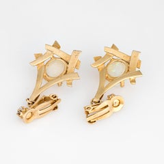 Vintage 70s Opal Diamond Earrings 14k Yellow Gold Dangle Clip on Jewelry