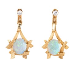 Vintage 70s Opal Diamond Earrings 14k Yellow Gold Dangle Clip on Jewelry