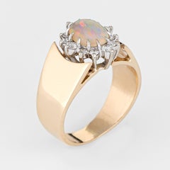Vintage 1970s Opal Diamond Ring 14 Karat Yellow Gold Estate Fine Jewelry