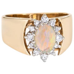 Vintage 1970s Opal Diamond Ring 14 Karat Yellow Gold Estate Fine Jewelry