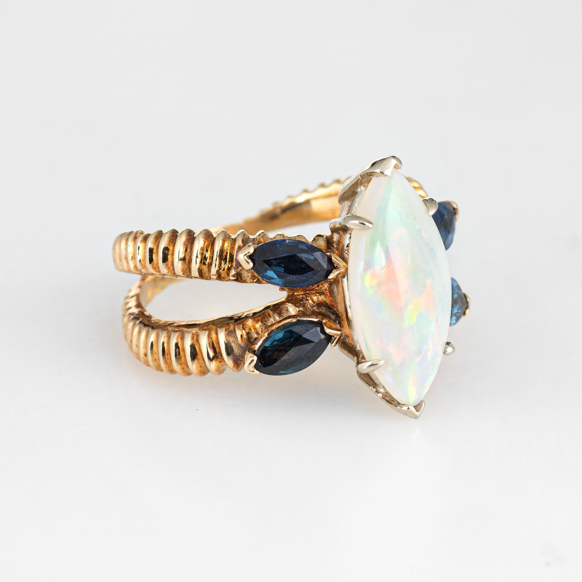 Modern Vintage 1970s Opal Sapphire Ring 14 Karat Gold Estate Fine Jewelry Split Shank