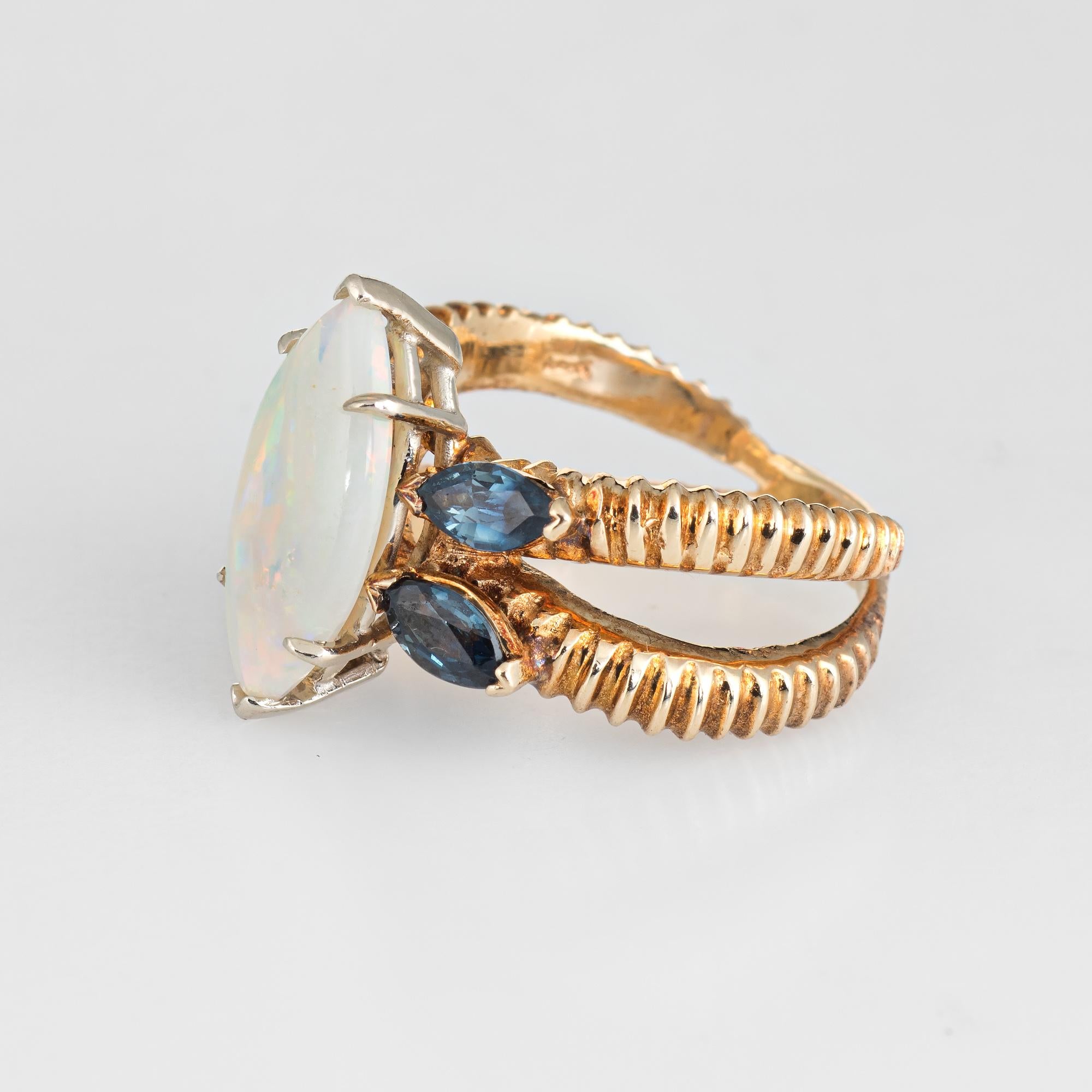 Marquise Cut Vintage 1970s Opal Sapphire Ring 14 Karat Gold Estate Fine Jewelry Split Shank