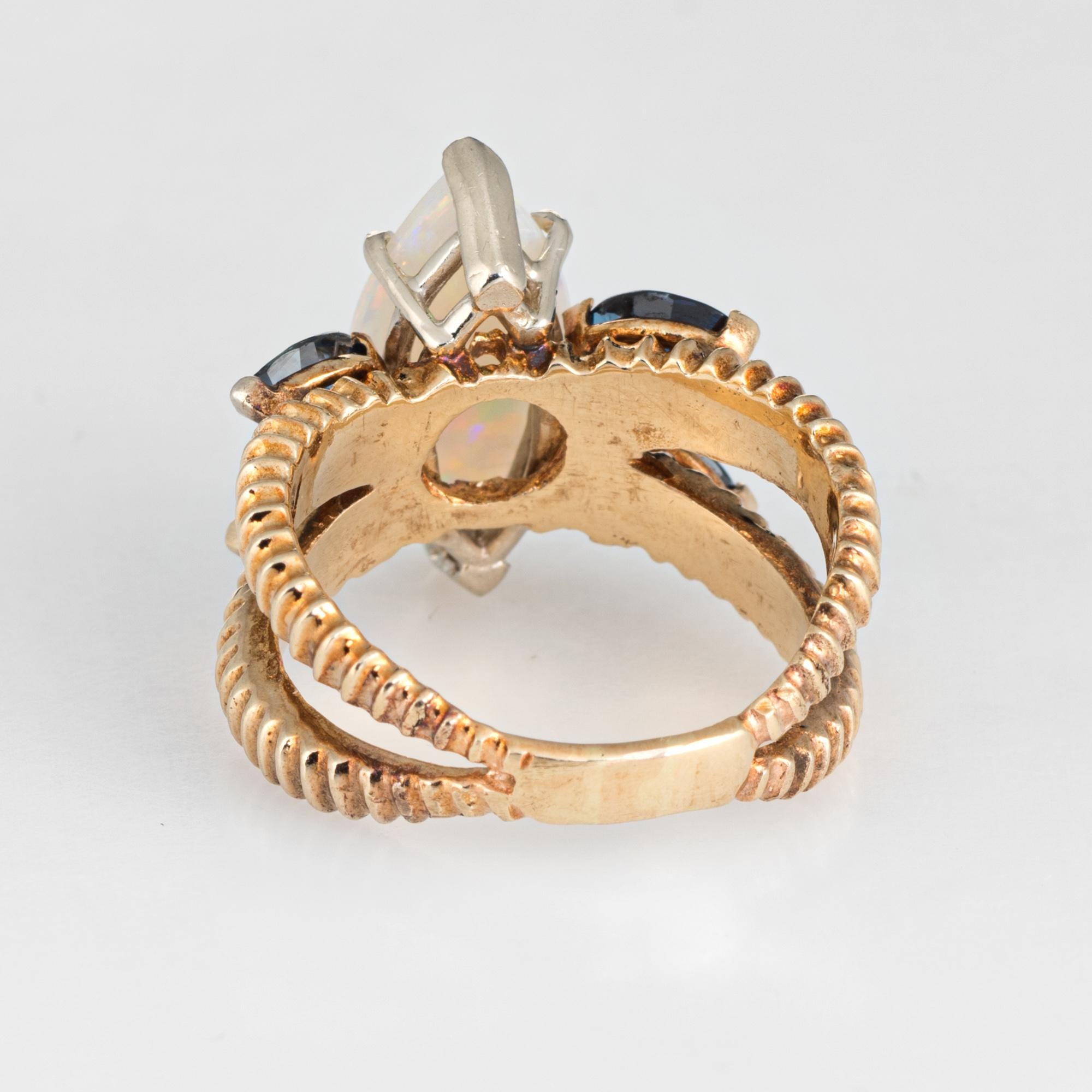 Vintage 1970s Opal Sapphire Ring 14 Karat Gold Estate Fine Jewelry Split Shank In Excellent Condition In Torrance, CA