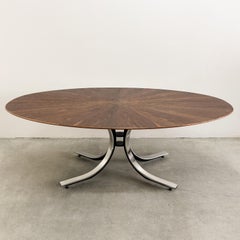 Vintage 70s Osvaldo Borsani Table de Salle à Manger Ovale Noyer Plateau Starburst & Base Chrome