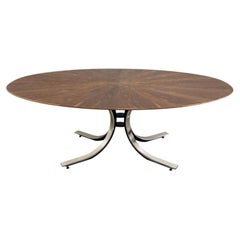 Vintage 70s Osvaldo Borsani Table de Salle à Manger Ovale Noyer Plateau Starburst & Base Chrome