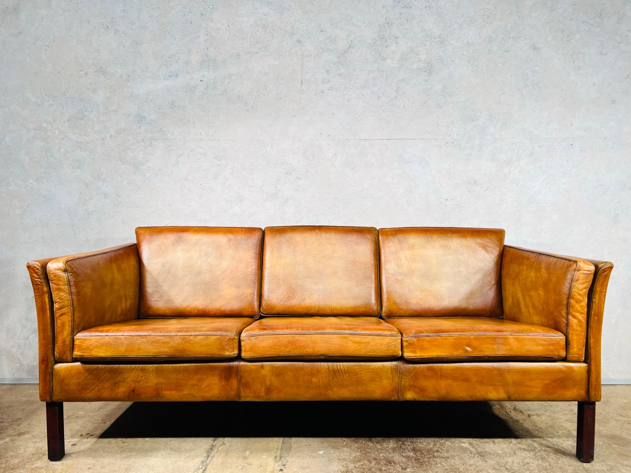 Vintage 1970s Patinated Light Tan 3 Seater Leather Sofa For Sale 3