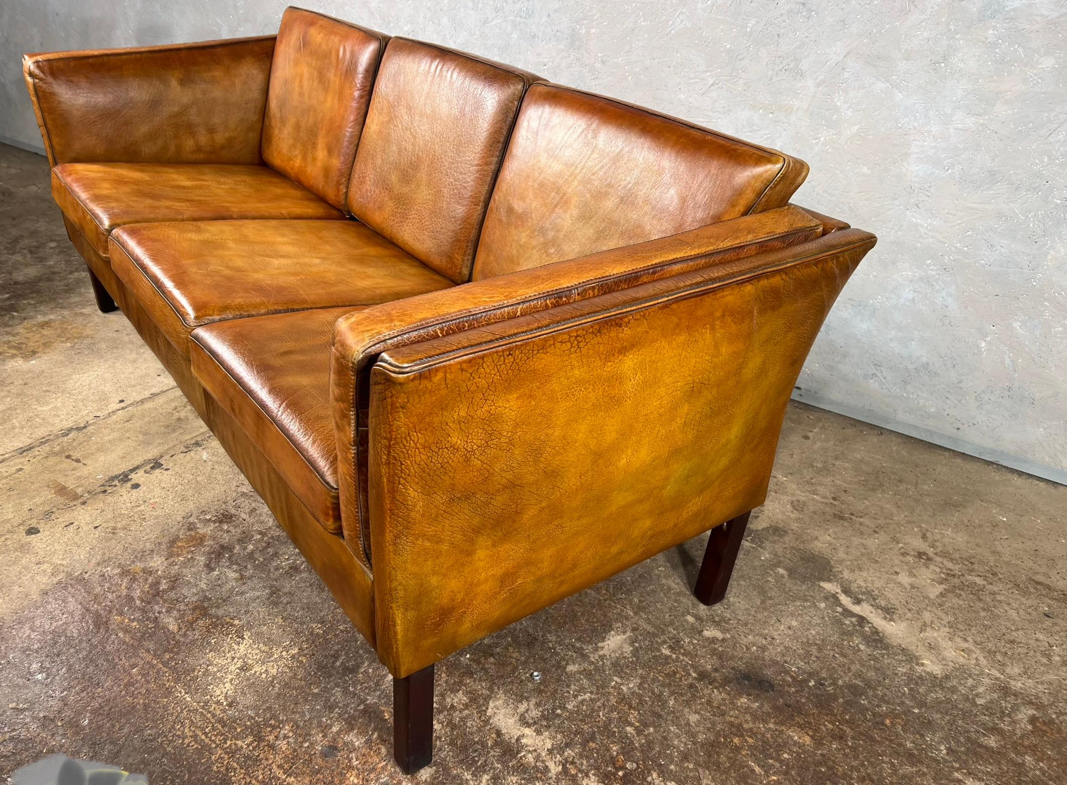 Vintage 1970s Patinated Light Tan 3 Seater Leather Sofa For Sale 5