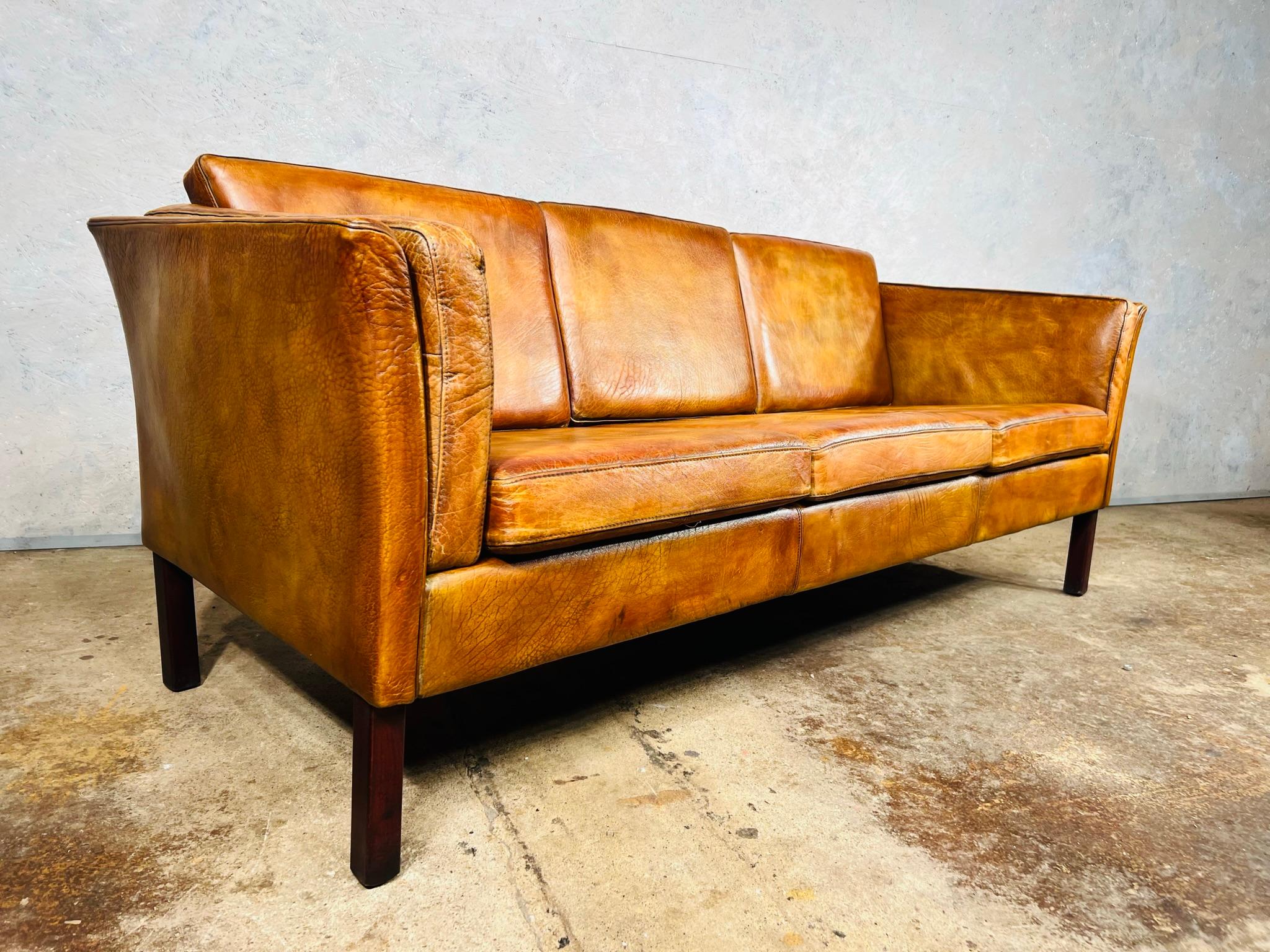 Vintage 1970s Patinated Light Tan 3 Seater Leather Sofa For Sale 6