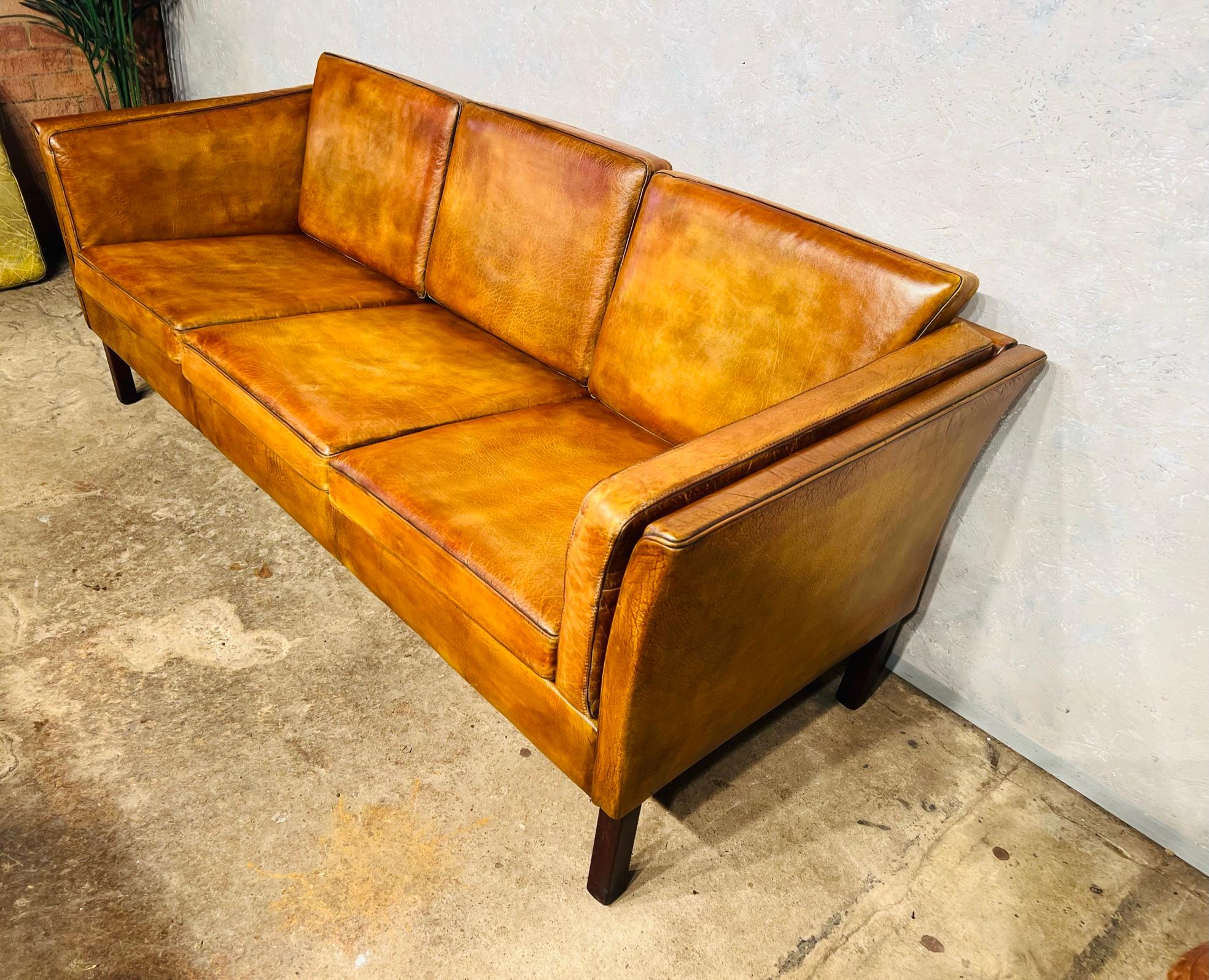 Vintage 1970s Patinated Light Tan 3 Seater Leather Sofa For Sale 1