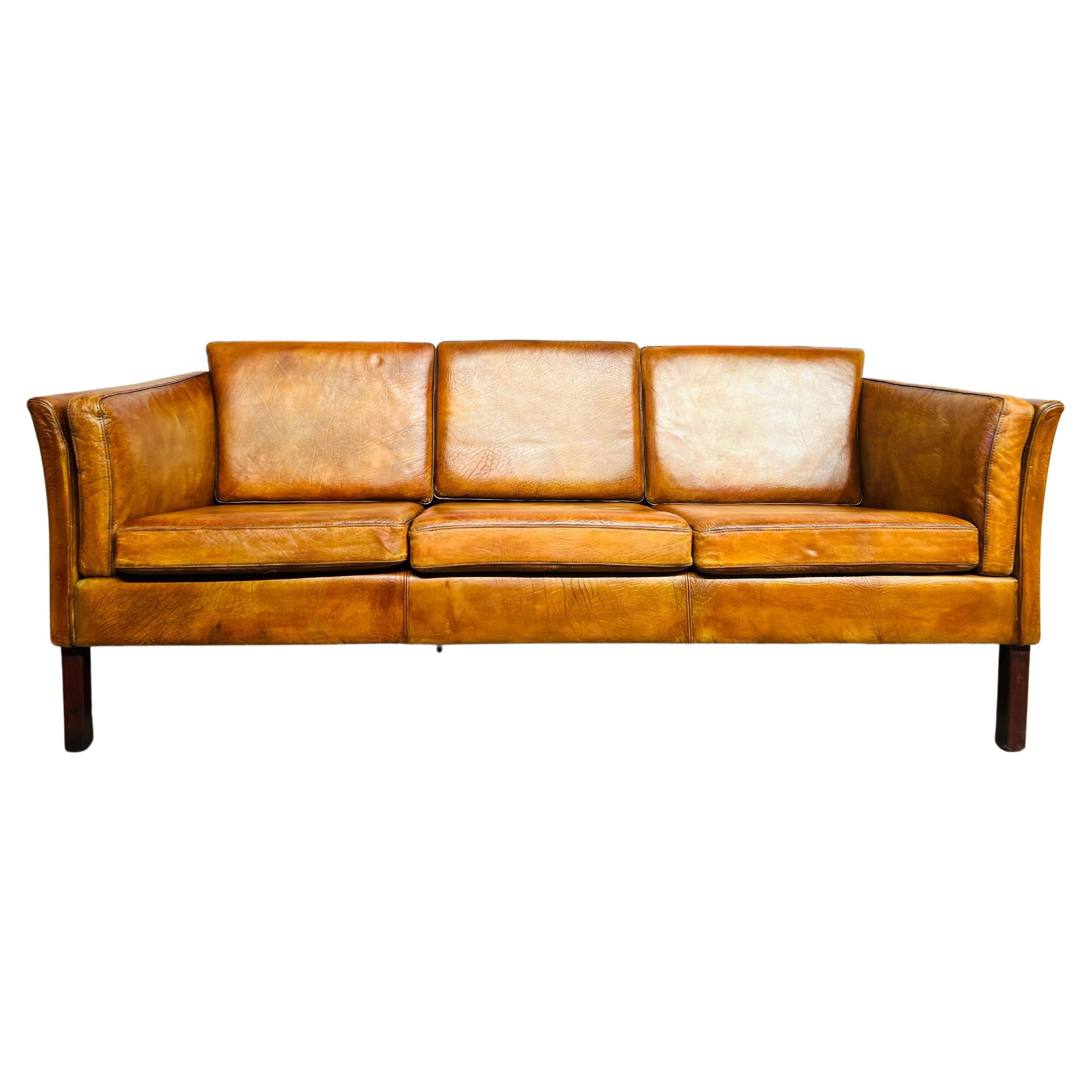 Vintage 1970s Patinated Light Tan 3 Seater Leather Sofa For Sale