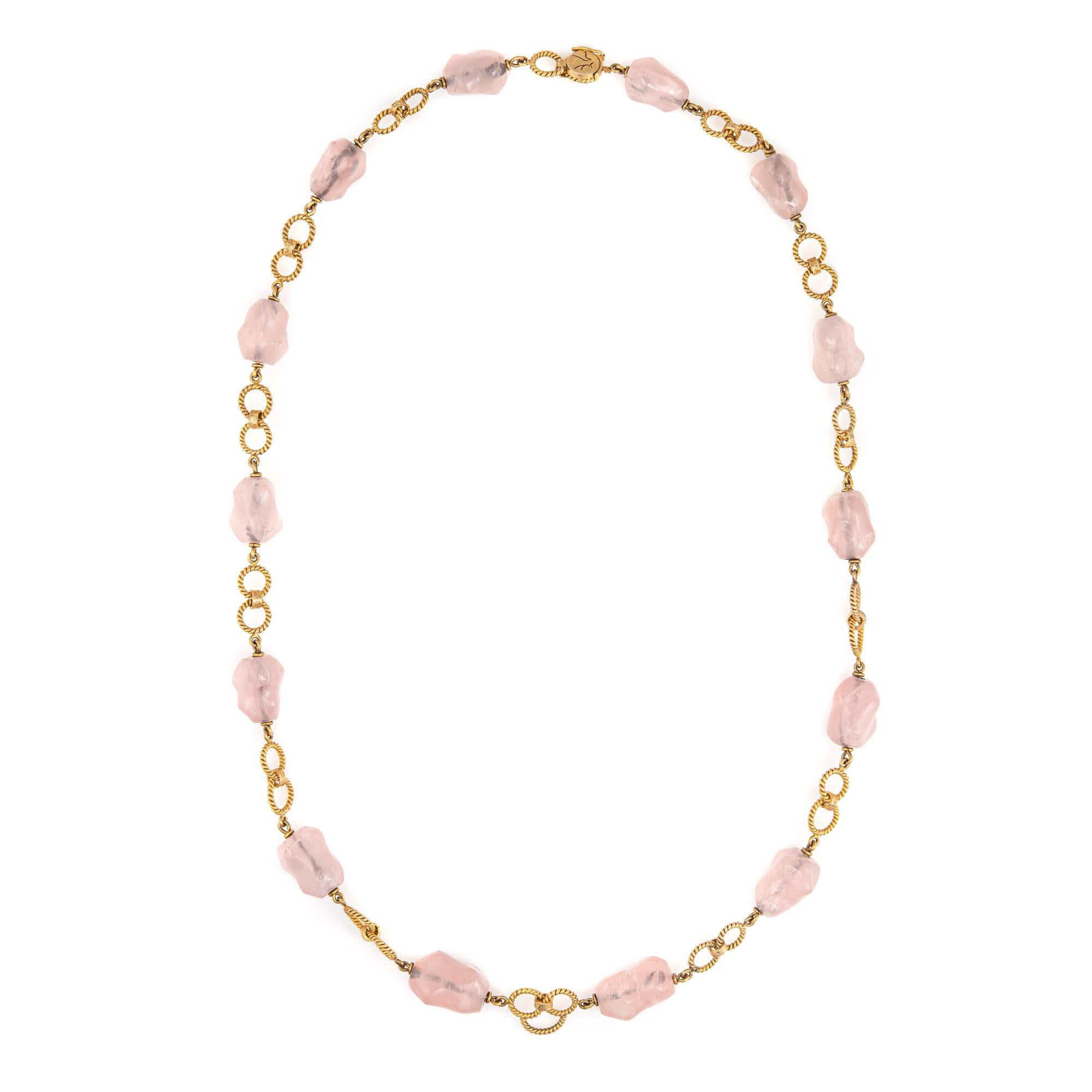 Vintage 70s Rose Quarz Perlenkette 14k Gold 26,5