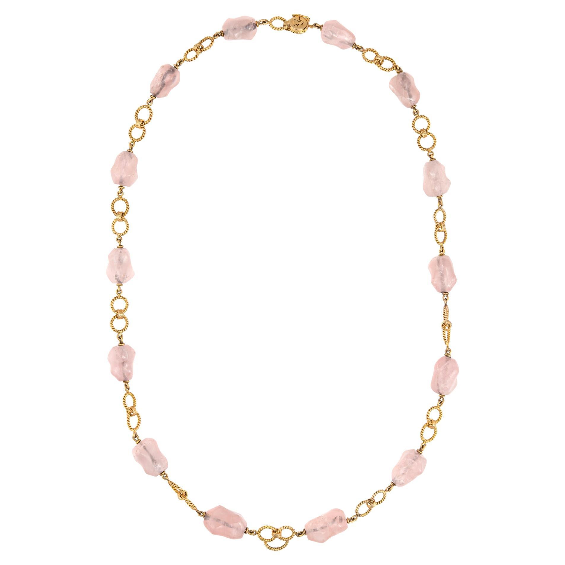Vintage 70s Rose Quartz Bead Necklace 14k Gold 26.5" Long Strand Round Links For Sale