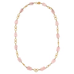 Vintage 70s Rose Quartz Bead Necklace 14k Gold 26.5" Long Strand Round Links