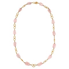 Retro 70s Rose Quartz Bead Necklace 14k Gold 26.5" Long Strand Round Links