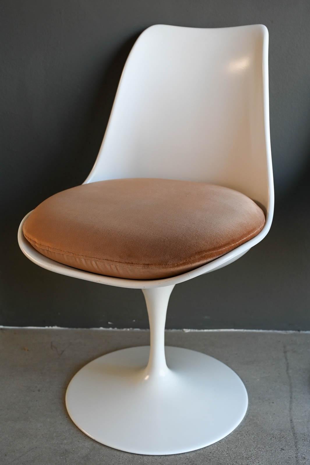 Vintage 70's Saarinen Style Tulip Chairs, Set of 4 with Velvet Seat Cushions.  Beautiful condition, with fiberglass shells and cast aluminum bases.  The cushions are original in camel color velvet.  Chairs all swivel smoothly and there are no chips
