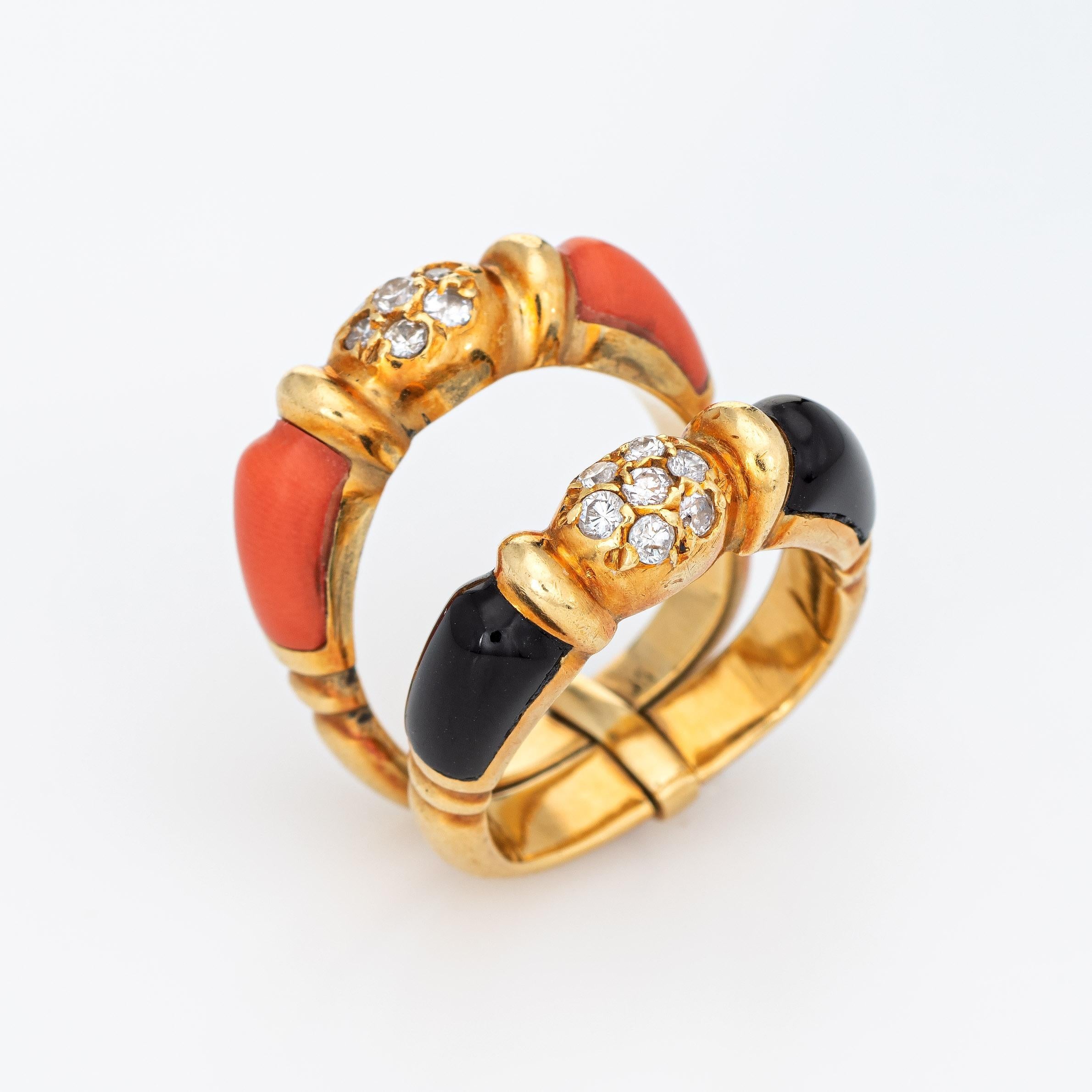 Stylish vintage set of 2 diamond, coral & onyx rings (circa 1970s) crafted in 18 karat yellow gold. 

Diamonds total an estimated 0.28 carats (estimated at H-I color and VS2-SI2 clarity). Onyx and coral measures 7mm x 5mm and are inlaid into the