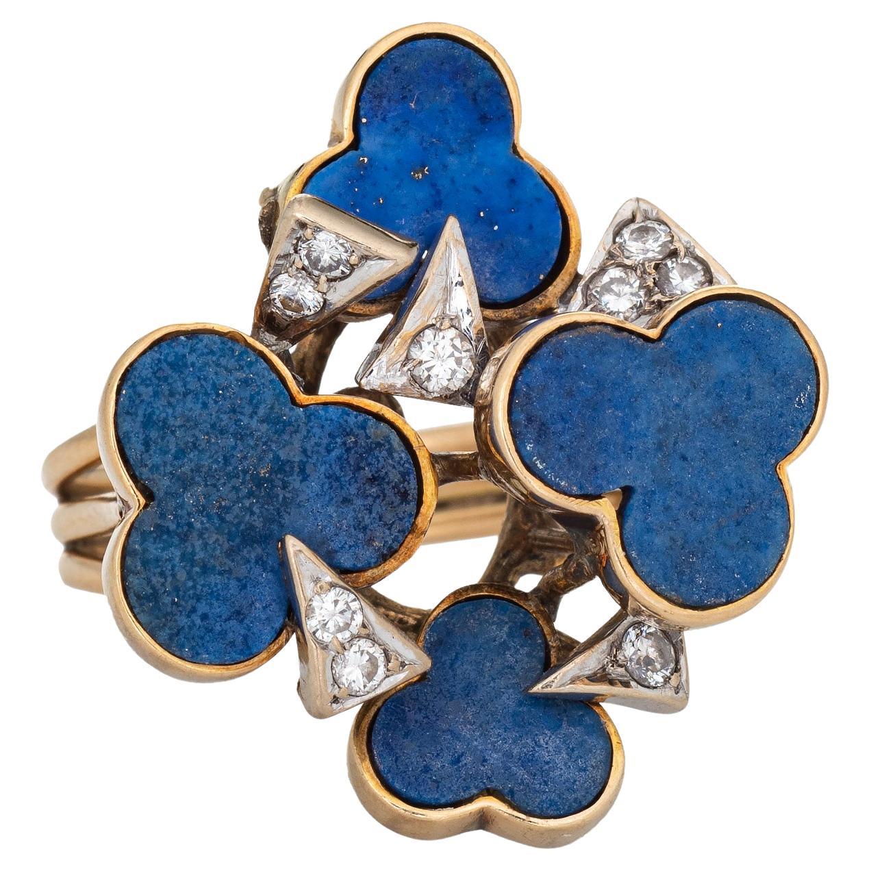 Vintage 70s Shamrock Ring Lapis Lazuli Diamond 14k Yellow Gold Cocktail