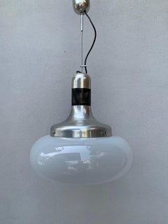 Vintage 70s Space Age Chandelier in Steel and Opaline Glass, Dining Table Light