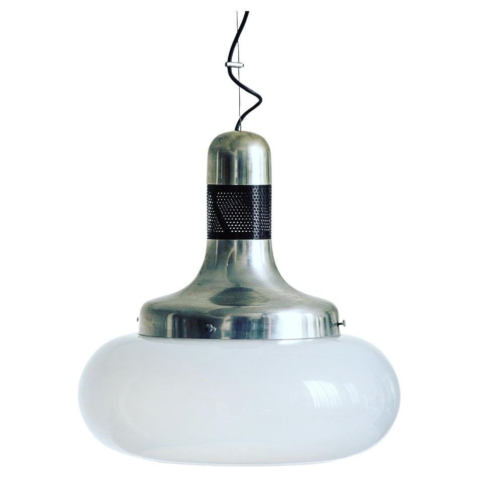 Vintage 70s Space Age Chandelier in Steel and Opaline Glass, Dining Table Light