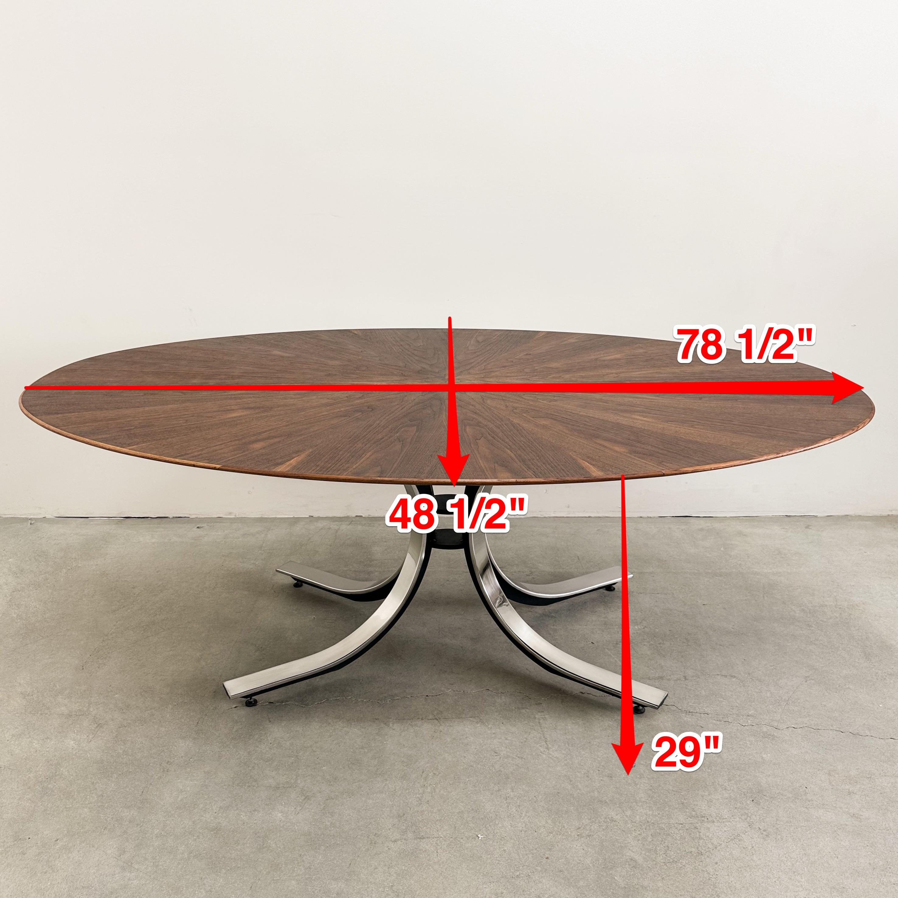 Vintage 70s Stow & Davis Oval Dining Table – Walnut Starburst Top & Chrome Base For Sale 4