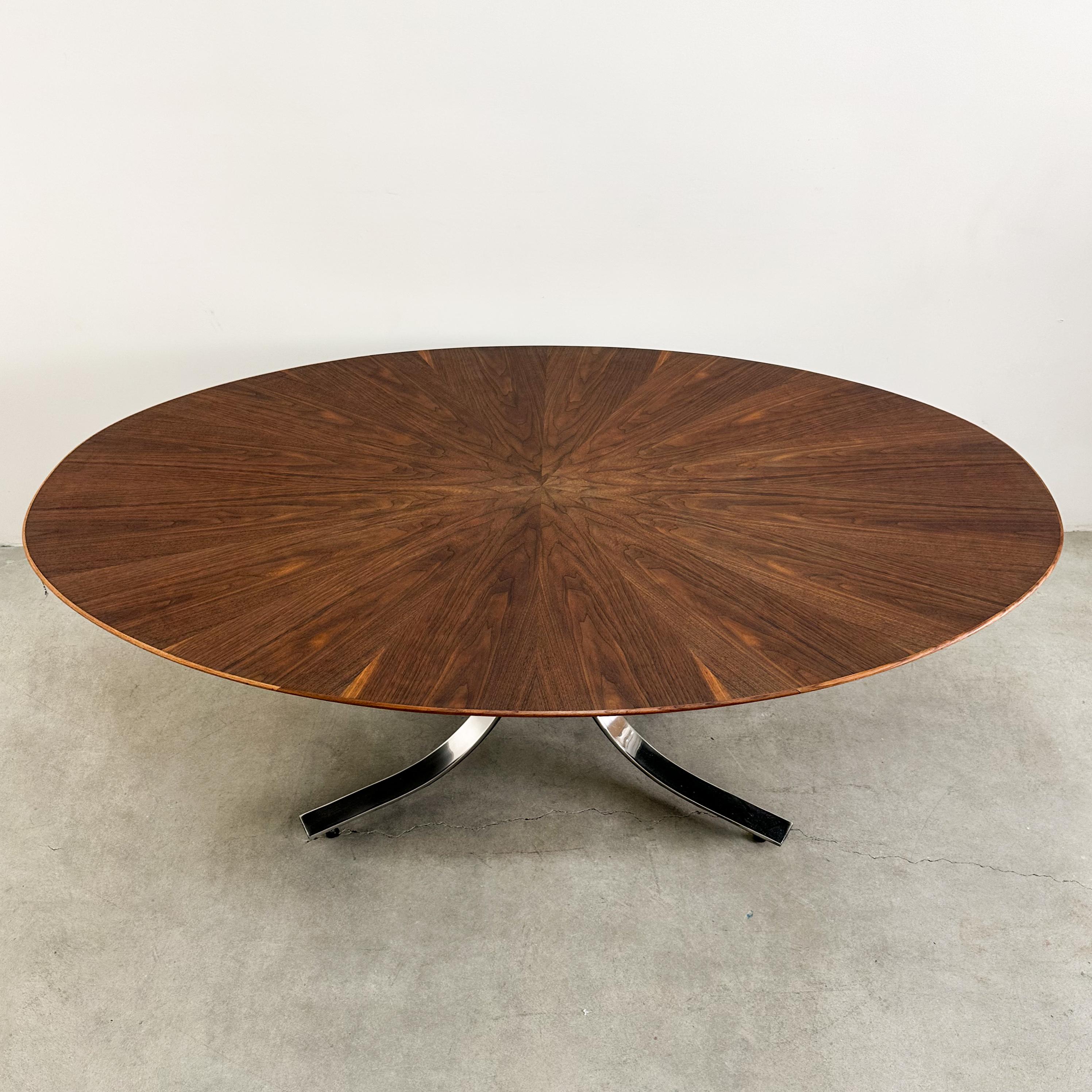 Late 20th Century Vintage 70s Stow & Davis Oval Dining Table – Walnut Starburst Top & Chrome Base For Sale